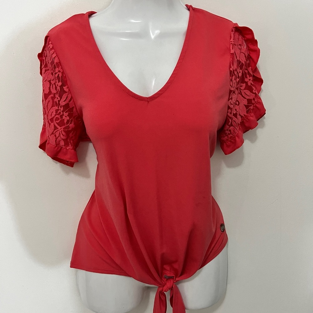 Adrienne Vittadini Red Ruffled Tie Front Blouse